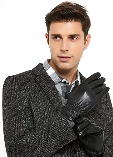 ZLUXURQ Herren schwarz weiches Lammfell Leder Nicht-Touchscreen Winter Fahrhandschuhe Fleece gefüttert Bequem und warm von ZLUXURQ