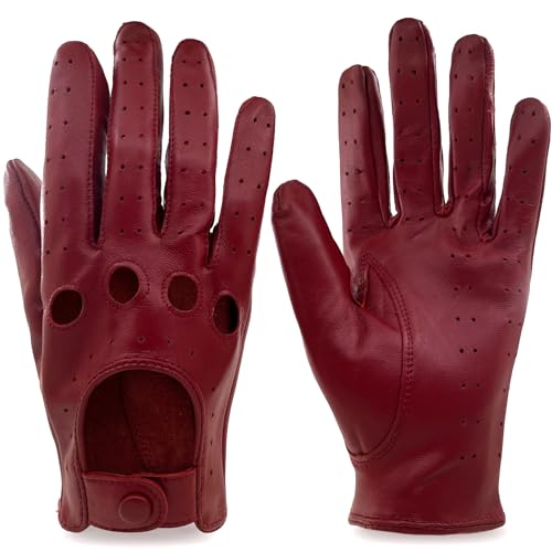 ZLUXURQ Damen Retro Weiche nd Dünne Lammfell Leder Touchscreen Fahrhandschuhe mit Maschige, Rot von ZLUXURQ