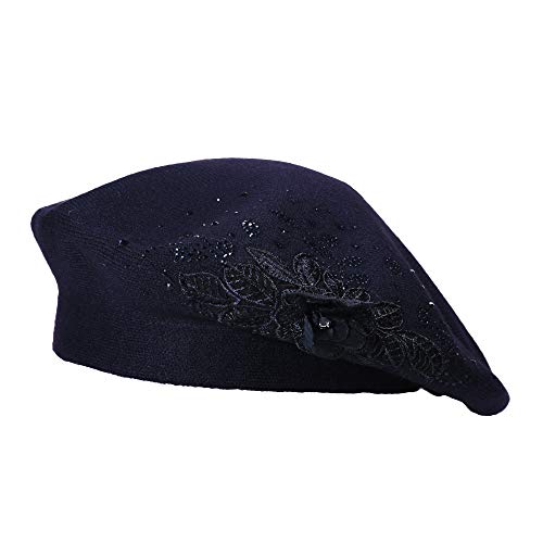 ZLYC Baskenmütze für Damen, wendbar, einfarbig, Kaschmir, Mosaik, warm, für Mädchen (Blume Navy),Einheitsgröße von ZLYC