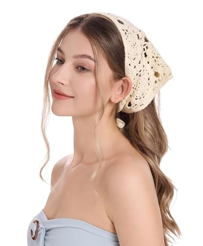 ZLYC Baumwolle Handgemacht Häkel Stirnband Dreieck Bandana(Einfarbig Beige),Einheitsgrößg Beige von ZLYC