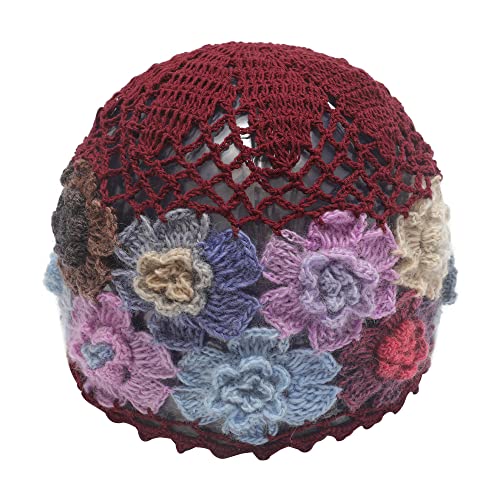 ZLYC Beanie-Hut, Blumenschnitt, Häkelmütze, Baumwolle, Burgunderrot, Einheitsgröße, Burgunderrote Blumen, One Size von ZLYC