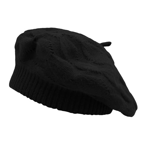 ZLYC Damen Baskenmütze Klassische Französischen Barett Einfarbig Warm Beret(Kabelmuster Schwarz),Einheitsgröße von ZLYC