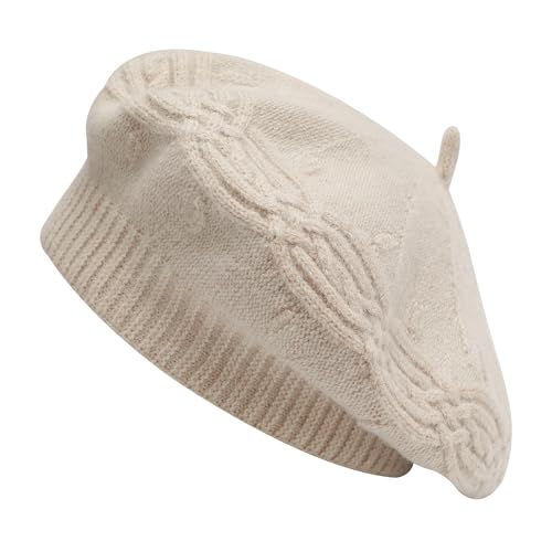 ZLYC Damen Baskenmütze Klassische Französischen Barett Einfarbig Warm Beret(Kabelstrick Beige) von ZLYC