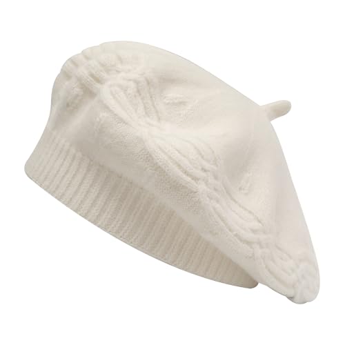 ZLYC Damen Baskenmütze Klassische Französischen Barett Einfarbig Warm Beret(Kabelstrick Weiß) von ZLYC