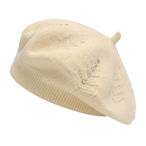 ZLYC Damen Baskenmütze Klassische Französischen Barett Einfarbig Warm Beret(Strasssteine Beige),Einheitsgröße von ZLYC