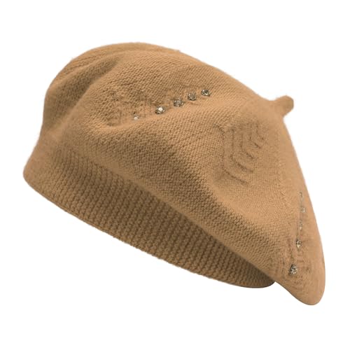 ZLYC Damen Baskenmütze Klassische Französischen Barett Einfarbig Warm Beret(Strasssteine Camel),Einheitsgröße von ZLYC