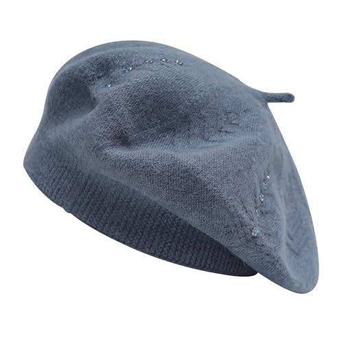 ZLYC Damen Baskenmütze Klassische Französischen Barett Einfarbig Warm Beret(Strasssteine Haze Blue),Einheitsgröße von ZLYC