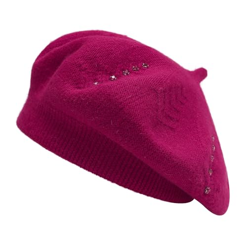 ZLYC Damen Baskenmütze Klassische Französischen Barett Einfarbig Warm Beret(Strasssteine Himbeere),Einheitsgröße von ZLYC