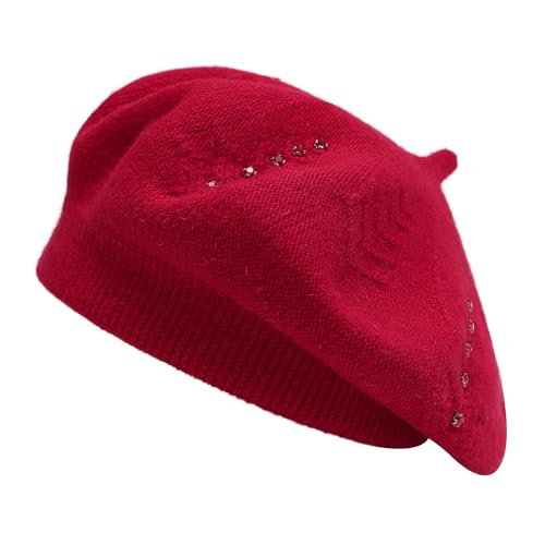 ZLYC Damen Baskenmütze Klassische Französischen Barett Einfarbig Warm Beret(Strasssteine Rot),Einheitsgröße von ZLYC