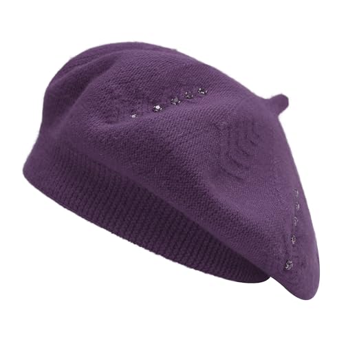 ZLYC Damen Baskenmütze Klassische Französischen Barett Einfarbig Warm Beret(Strasssteine Violett),Einheitsgröße von ZLYC