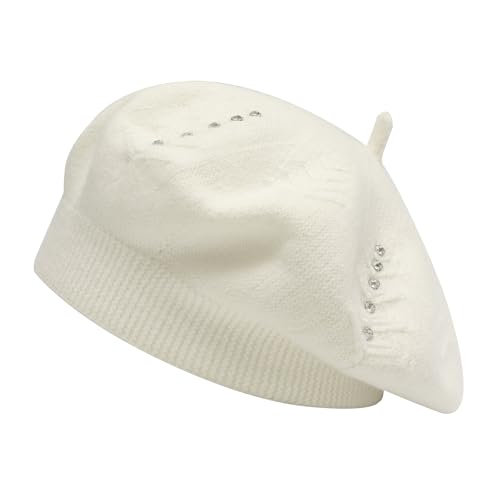 ZLYC Damen Baskenmütze Klassische Französischen Barett Einfarbig Warm Beret(Strasssteine Weiß),Einheitsgröße von ZLYC
