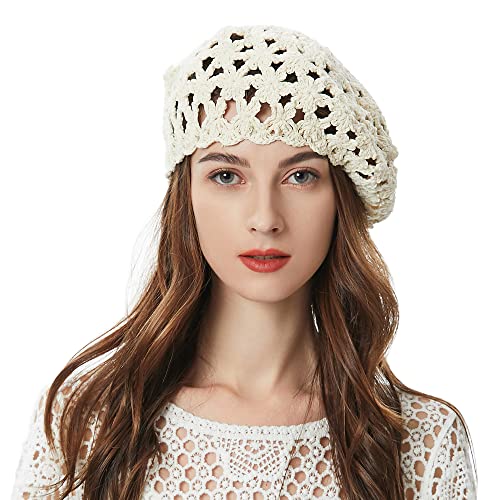 ZLYC Damen Baumwolle Häkelmütze Barette Handgemacht Retro Aushöhlen Strickmütze Frühling Sommer Leicht Elegant Baskenmützen (Beige),Einheitsgröße von ZLYC