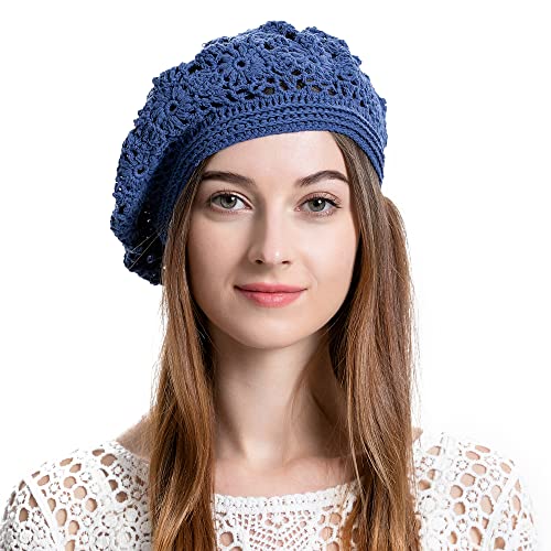 ZLYC Damen Baumwolle Häkelmütze Barette Handgemacht Retro Aushöhlen Strickmütze Frühling Sommer Leicht Elegant Baskenmützen (Marineblau),Gr.Einheitsgröße von ZLYC