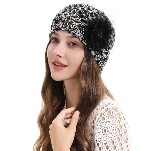 ZLYC Damen Baumwolle Slouchy Beanie Handgestrickte Strickmützen mit Blumen Dekor(Feder Schwarz Gemischt Weiß Schwarz),Einheitsgröße von ZLYC