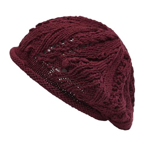 ZLYC Damen Baumwolle Sommer Häkelmütze Leicht Retro Handgemacht Barette(Stricken Burgund),Einheitsgröße von ZLYC