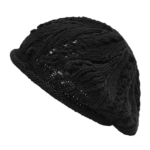 ZLYC Damen Baumwolle Sommer Häkelmütze Leicht Retro Handgemacht Barette(Stricken Schwarz),Einheitsgröße von ZLYC