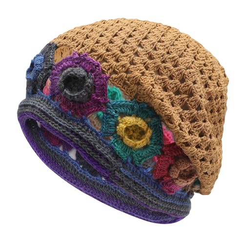 ZLYC Damen Sommer Strickmützen Handgemacht Häkelmütze Slouch Beanie Mütze(Bunte Blume Glänzend Braun),Einheitsgröße von ZLYC