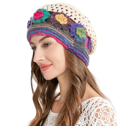 ZLYC Damen Sommer Strickmützen Handgemacht Häkelmütze Slouch Beanie Mütze(Bunte Blume Beige),Einheitsgröße von ZLYC