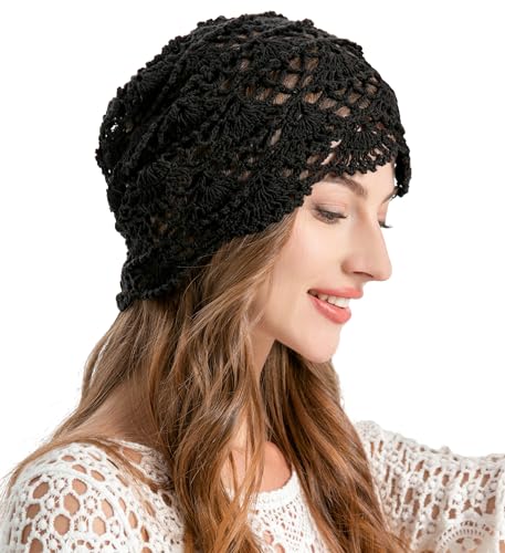 ZLYC Damen Sommer Strickmützen Handgemacht Häkelmütze Slouch Beanie Mütze(Gestricktes Schwarz),Einheitsgröße von ZLYC