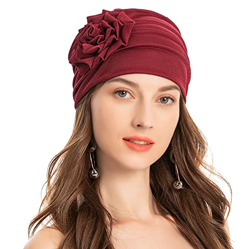 ZLYC Damen Beanie Mütze mit Blumen Elastischer Chemo Hut(Blumen Burgunder) von ZLYC