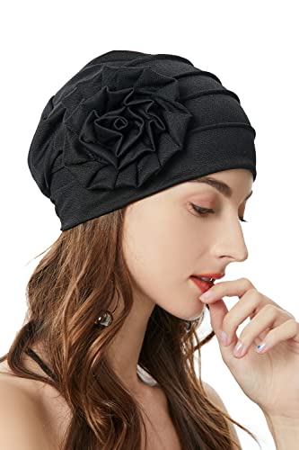 ZLYC Damen Beanie Mütze mit Blumen Elastischer Chemo Hut(Blumen Schwarz) von ZLYC