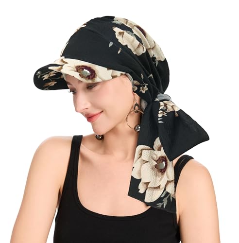 ZLYC Damen Chemo Headwear Brim Visor Hat Beanie-Mütze(Gebundene Beige Blumen Schwarz),Einheitsgröße von ZLYC