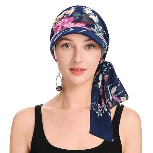 ZLYC Damen Chemo Headwear Brim Visor Hat Beanie-Mütze(Gebundene Blumen Marine),Einheitsgröße von ZLYC