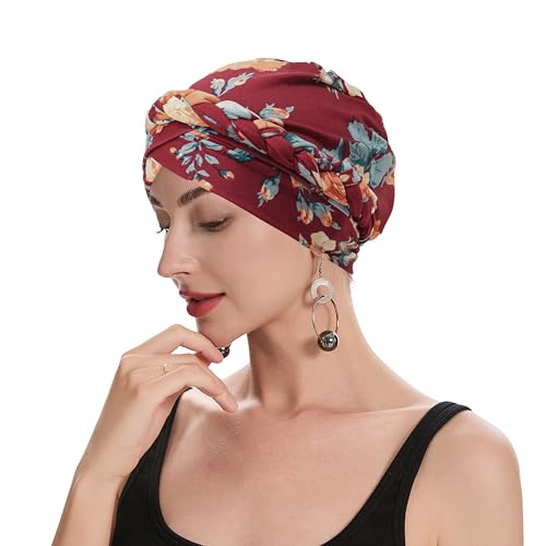 ZLYC Damen Chemo Kopfbedeckung Pre Tied Turban Headwrap Beanie Strickmützen(Flechtband Floral Burgundy),Einheitsgröße von ZLYC