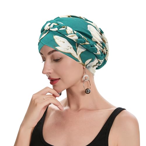 ZLYC Damen Chemo Kopfbedeckung Pre Tied Turban Headwrap Beanie Strickmützen(Flechtband Floral Teal),Einheitsgröße von ZLYC