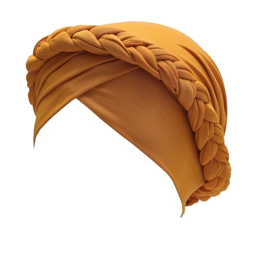 ZLYC Damen Chemo Kopfbedeckung Pre Tied Turban Headwrap Beanie Strickmützen(Flechtband Gelb),Einheitsgröße von ZLYC
