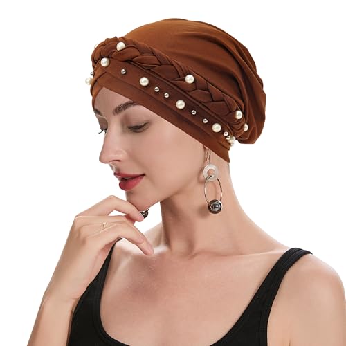 ZLYC Damen Chemo Kopfbedeckung Pre Tied Turban Headwrap Beanie Strickmützen(Perlen Braun),Einheitsgröße von ZLYC