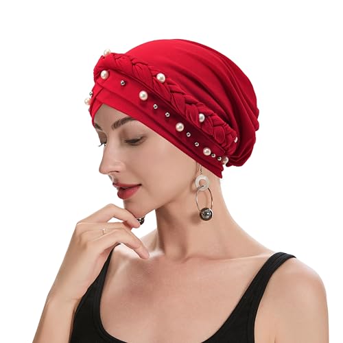 ZLYC Damen Chemo Kopfbedeckung Pre Tied Turban Headwrap Beanie Strickmützen(Perlen Rot),Einheitsgröße von ZLYC