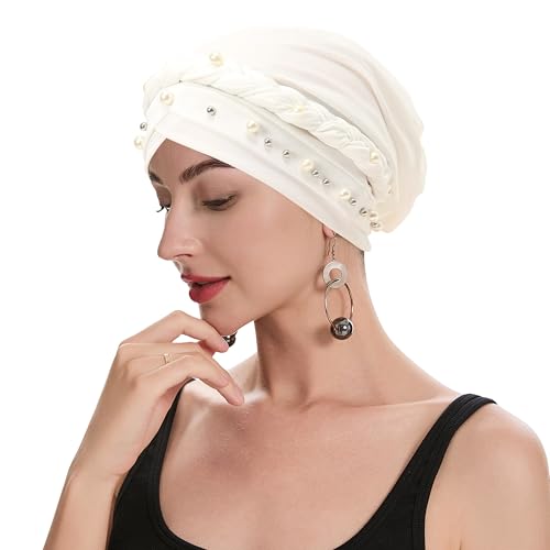 ZLYC Damen Chemo Kopfbedeckung Pre Tied Turban Headwrap Beanie Strickmützen(Perlen Weiß),Einheitsgröße von ZLYC
