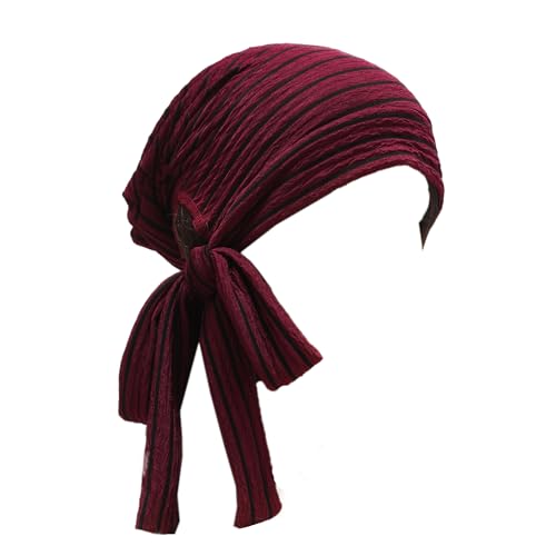 ZLYC Damen Chemo Kopfbedeckung Sommer Headwraps Beanie Stetch Headwraps(Gestreiftes Burgunderrot), von ZLYC