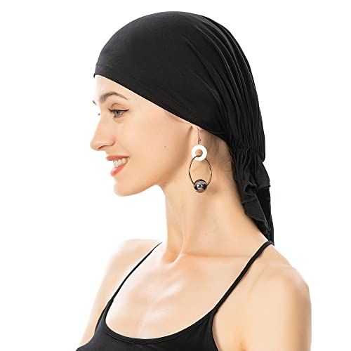 ZLYC Damen Chemo Turban Mütze Vorgebundenes Kopftuch Headwraps Leichte Beanie Hut(Einfaches Schwarz) von ZLYC