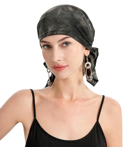 ZLYC Damen Chemo Turban Mütze Vorgebundenes Kopftuch Headwraps Leichte Beanie Hut(Krawatte Gefärbtes Grau),Einheitsgrößy von ZLYC