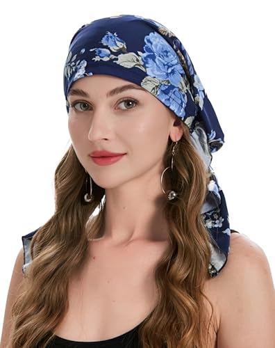 ZLYC Damen Chemo Turban Mütze Vorgebundenes Kopftuch Headwraps Leichte Hut(Blaue Rose Marine),Einheitsgröße von ZLYC