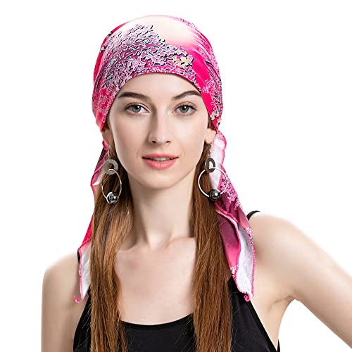 ZLYC Damen Chemo Turban Mütze Vorgebundenes Kopftuch Headwraps Leichte Hut(Blumenmuster in Pink) von ZLYC