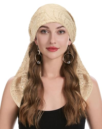 ZLYC Damen Chemo Turban Mütze Vorgebundenes Kopftuch Headwraps Leichte Hut(Doppellagige Spitze Beige),Einheitsgröße von ZLYC