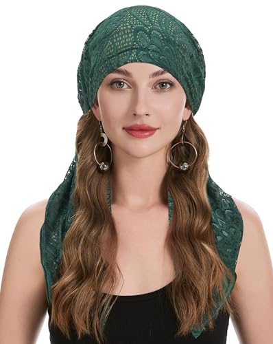 ZLYC Damen Chemo Turban Mütze Vorgebundenes Kopftuch Headwraps Leichte Hut(Doppellagige Spitze Dunkelgrün),Einheitsgröße von ZLYC