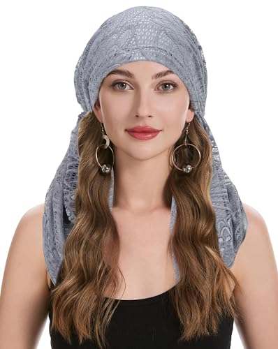 ZLYC Damen Chemo Turban Mütze Vorgebundenes Kopftuch Headwraps Leichte Hut(Doppellagige Spitze Grau),Einheitsgröße von ZLYC