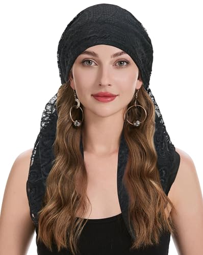 ZLYC Damen Chemo Turban Mütze Vorgebundenes Kopftuch Headwraps Leichte Hut(Doppellagige Spitze Schwarz),Einheitsgröße von ZLYC