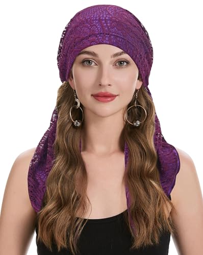 ZLYC Damen Chemo Turban Mütze Vorgebundenes Kopftuch Headwraps Leichte Hut(Doppellagige Spitze Violett),Einheitsgröße von ZLYC
