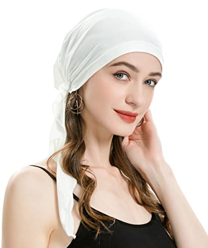 ZLYC Damen Chemo Turban Mütze Vorgebundenes Kopftuch Headwraps Leichte Hut(Einfarbig Weiß) von ZLYC