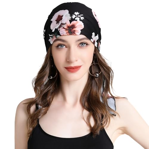 ZLYC Damen Chemo Turban Mütze Vorgebundenes Kopftuch Headwraps Leichte Hut(Geblümt Schwarz) von ZLYC