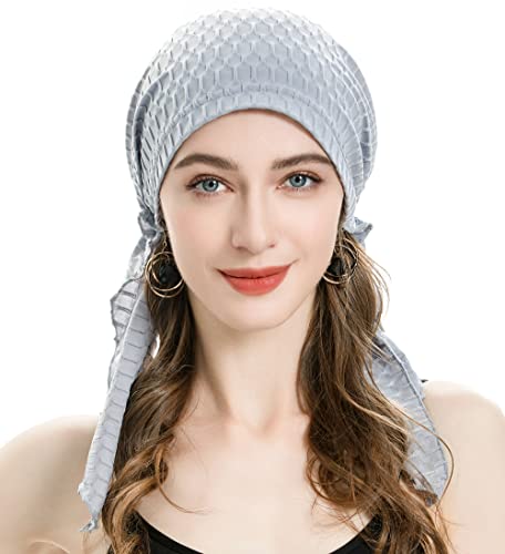 ZLYC Damen Chemo Turban Mütze Vorgebundenes Kopftuch Headwraps Leichte Hut(Waffel Grau) von ZLYC