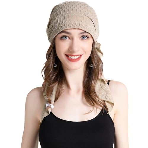 ZLYC Damen Chemo Turban Mütze Vorgebundenes Kopftuch Headwraps Leichte Hut(Waffel Khaki) von ZLYC