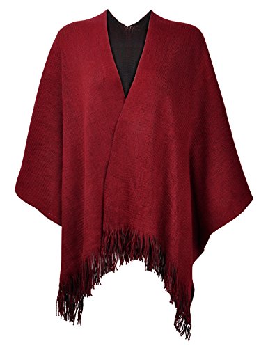 ZLYC Damen Herbst/Winter Weiche Schlichte Gestricktes Cashmere Poncho Capes Retro - Stil Cardigans Pullover Mantel mit Fransen, Rot, Einheitsgröße von ZLYC