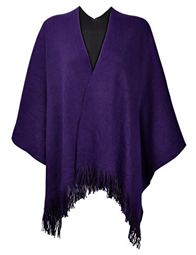 ZLYC Damen Herbst/Winter Weiche Schlichte Gestricktes Cashmere Poncho Capes Retro - Stil Cardigans Pullover Mantel mit Fransen, Lila, Einheitsgröße von ZLYC