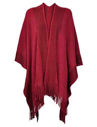 ZLYC Damen Weiche Schlichte Poncho Capes Retro Cardigans Pullover, Einheitsgröße, Dunkelrot von ZLYC